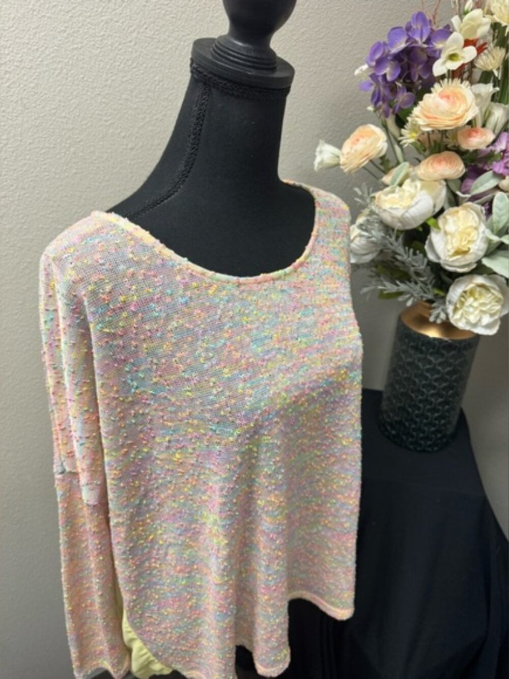 Umgee USA Medium Pastel Multicolor Knit Yellow Sheer Back Boho Tunic Top - Picture 3 of 9